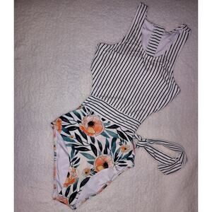 Cupshe Miss U Poppy Print Monokini Stripes and Floral Sz S